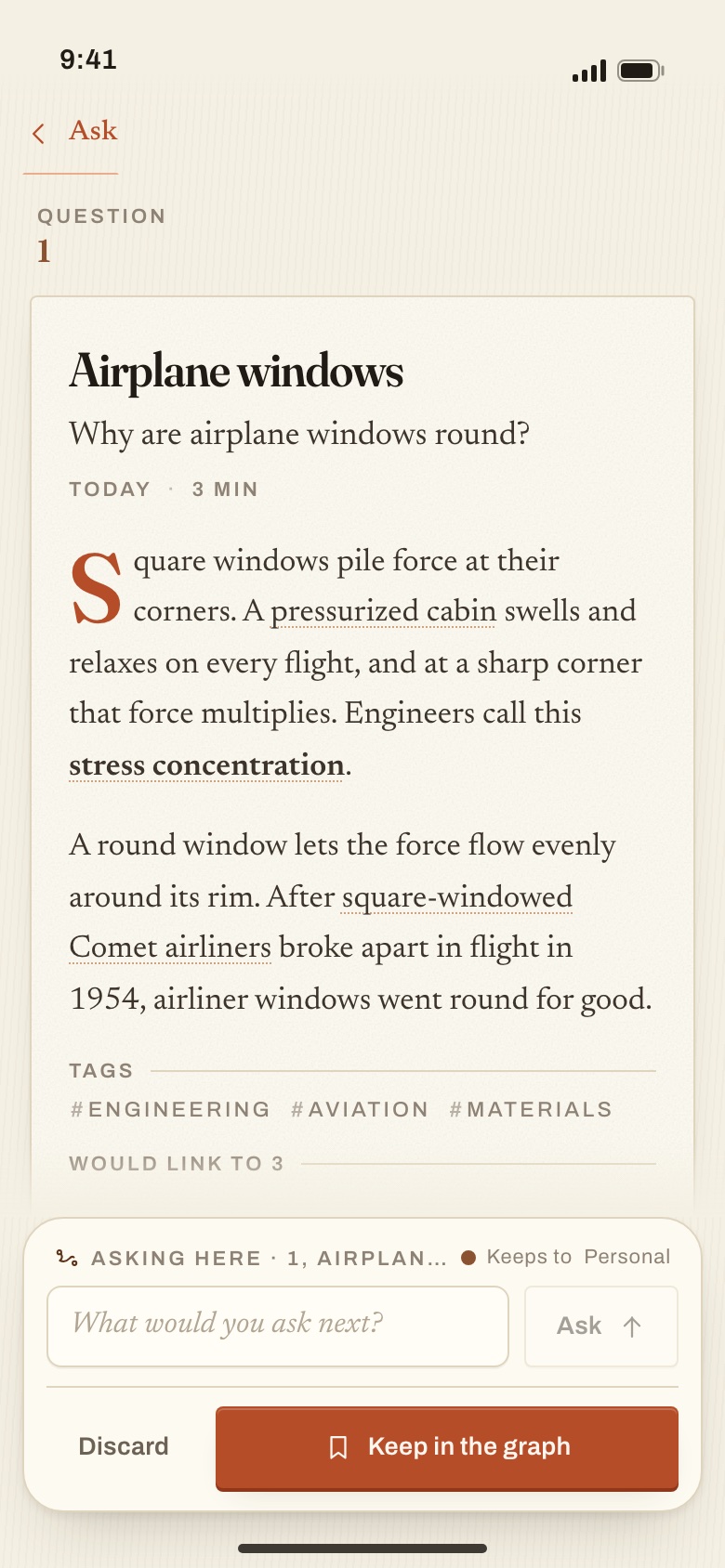 Aloom on a phone: the answer to 'Why are airplane windows round?', ready to keep in the graph