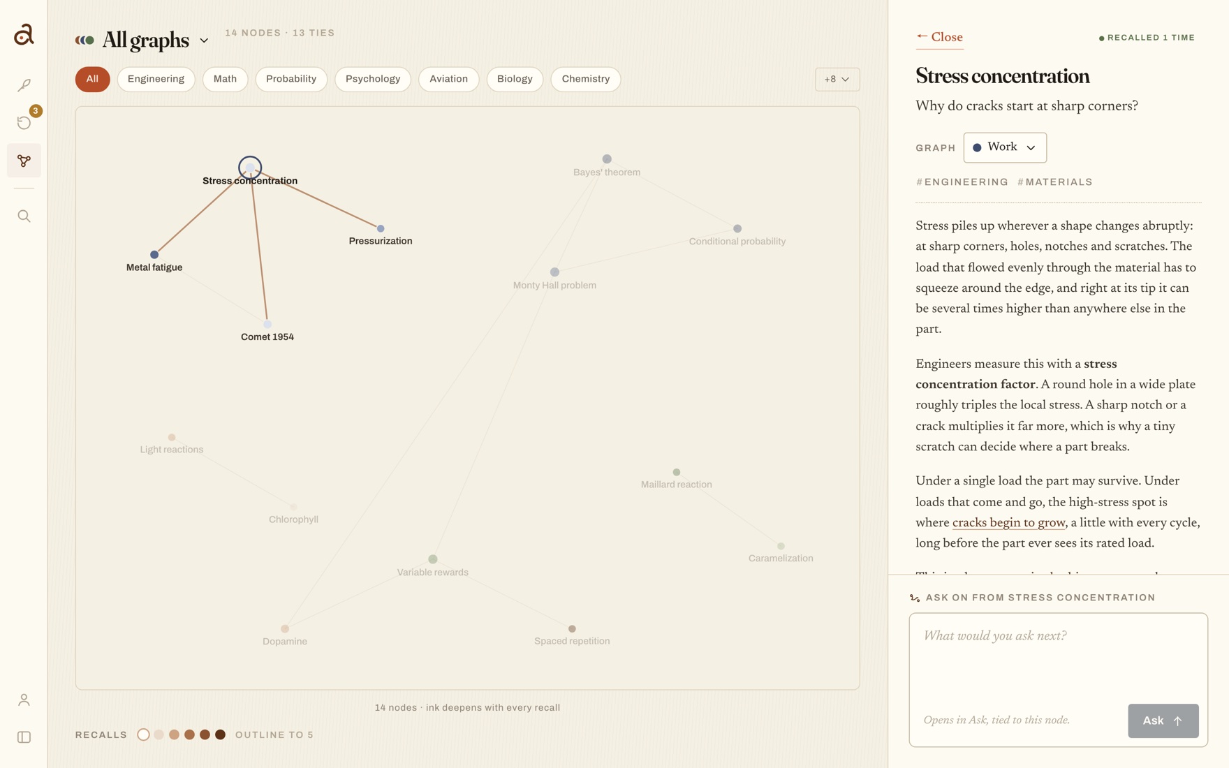 Aloom on the web: the knowledge map, with the note 'Stress concentration' open beside it and its ties to three other notes drawn in
