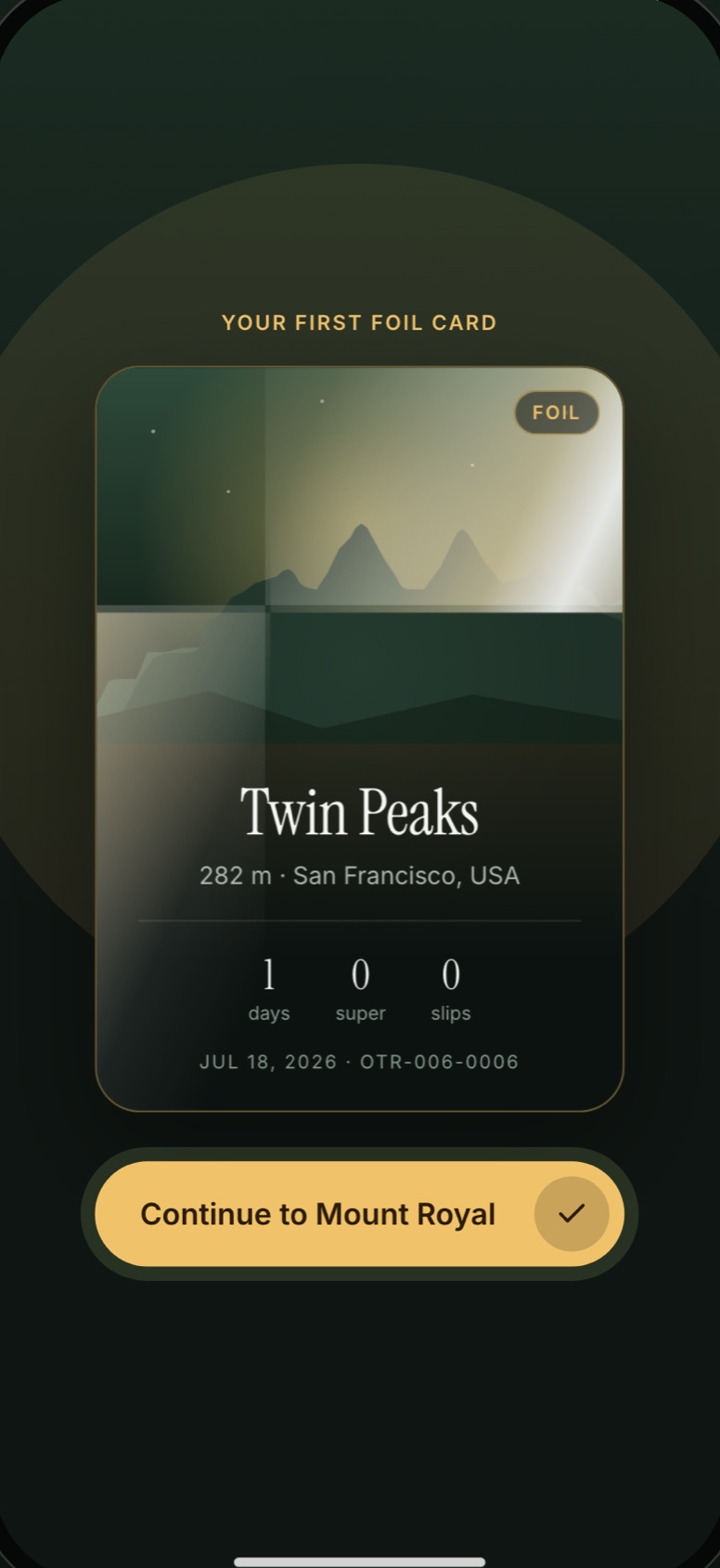 OneToRise screenshot: the foil summit card for Twin Peaks